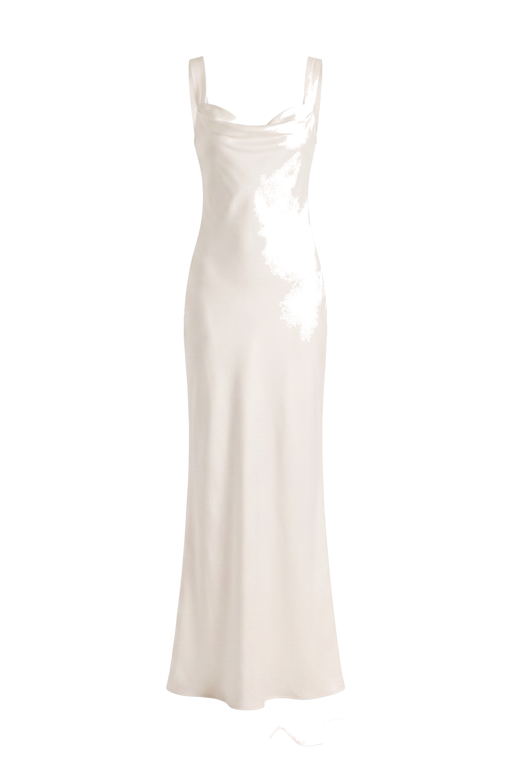 The Liquid Cowl Slip Maxi Dress in ivory satin, product shot on white