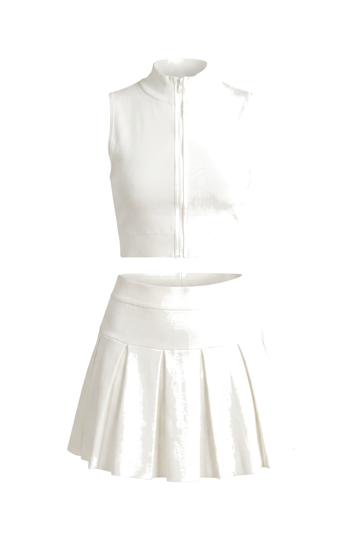 The Match-Point Vest and Skirt Set in white, product shot on white
