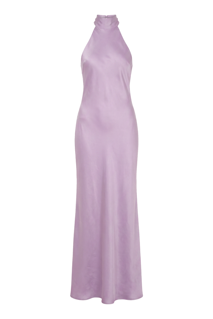 The Tie-Back Satin Halter Maxi Dress in lilac, product shot on white