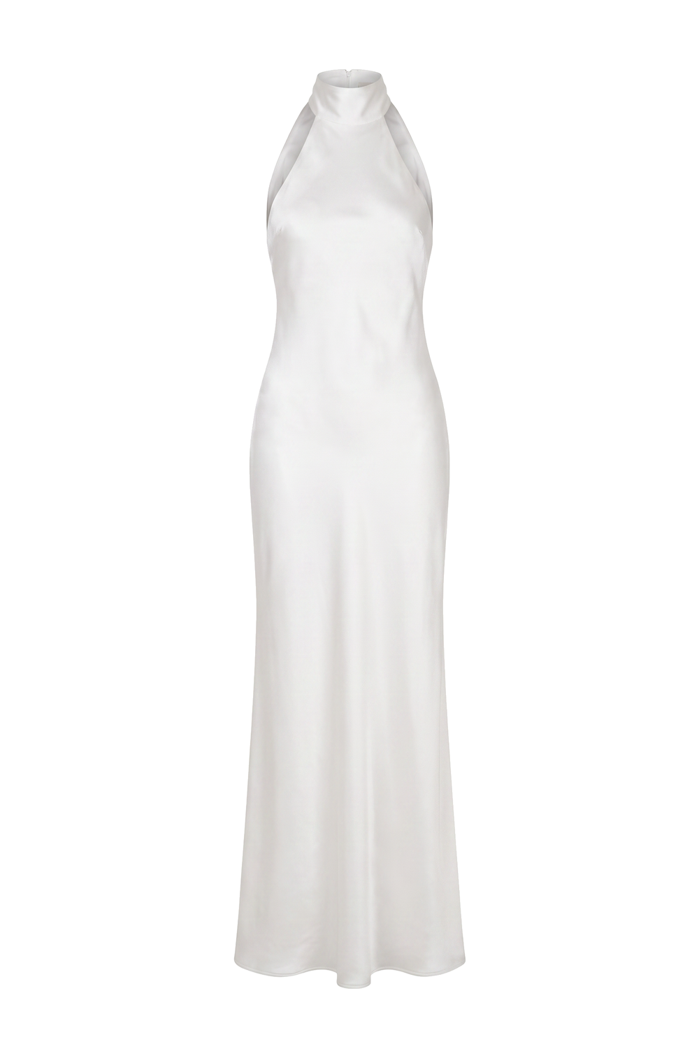 White Satin Halter Maxi Gown, product shot on white