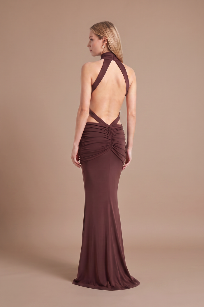 Chocolate halter ruched maxi dress, studio back view