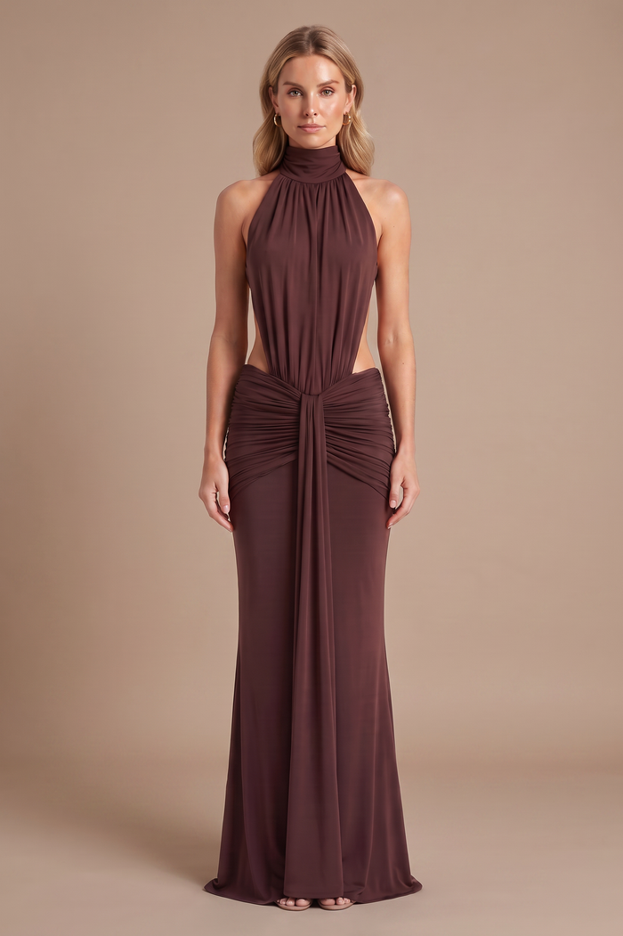 Chocolate halter ruched maxi dress, studio front view