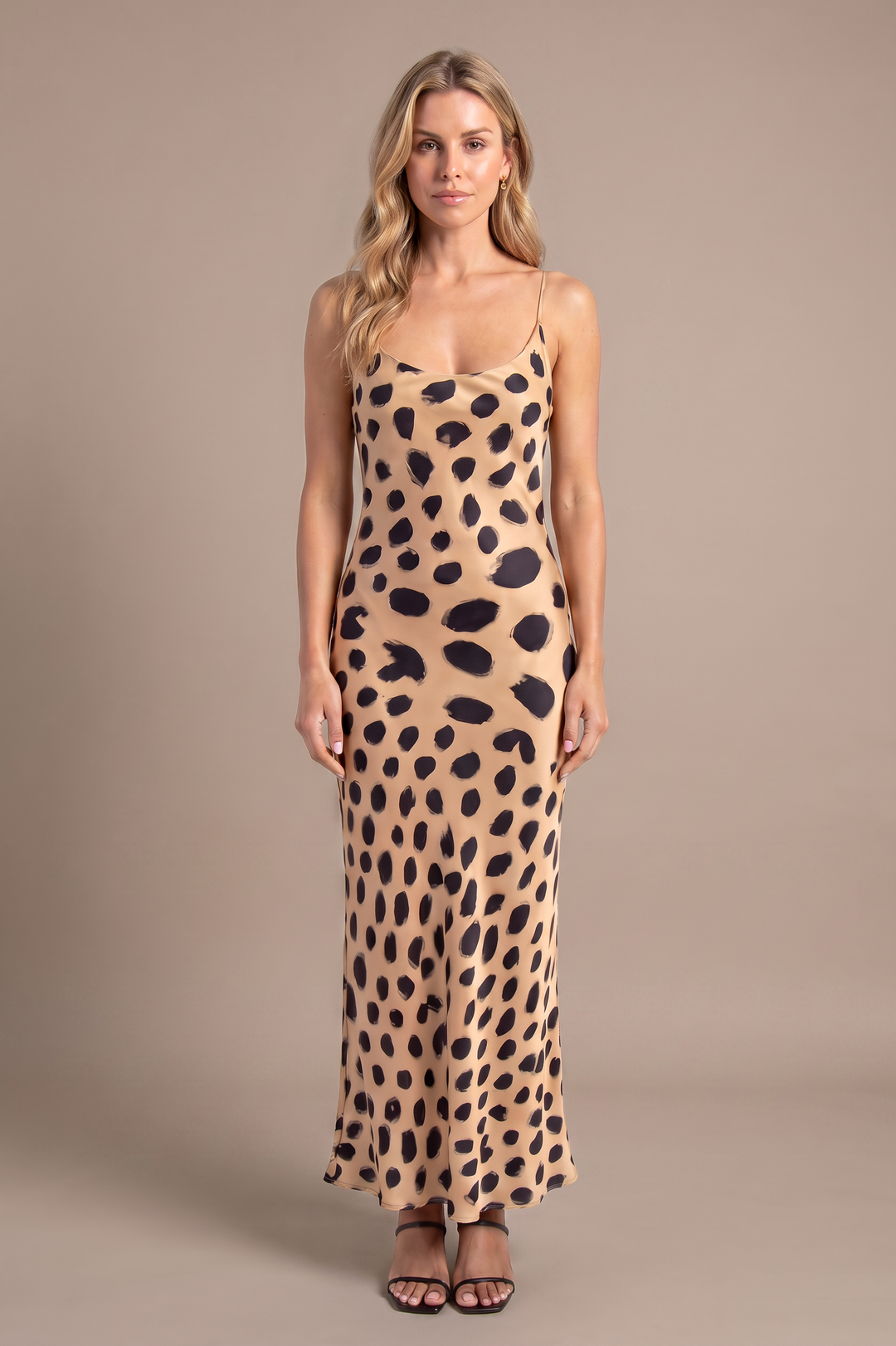 Painted dot satin slip maxi dress, studio front view