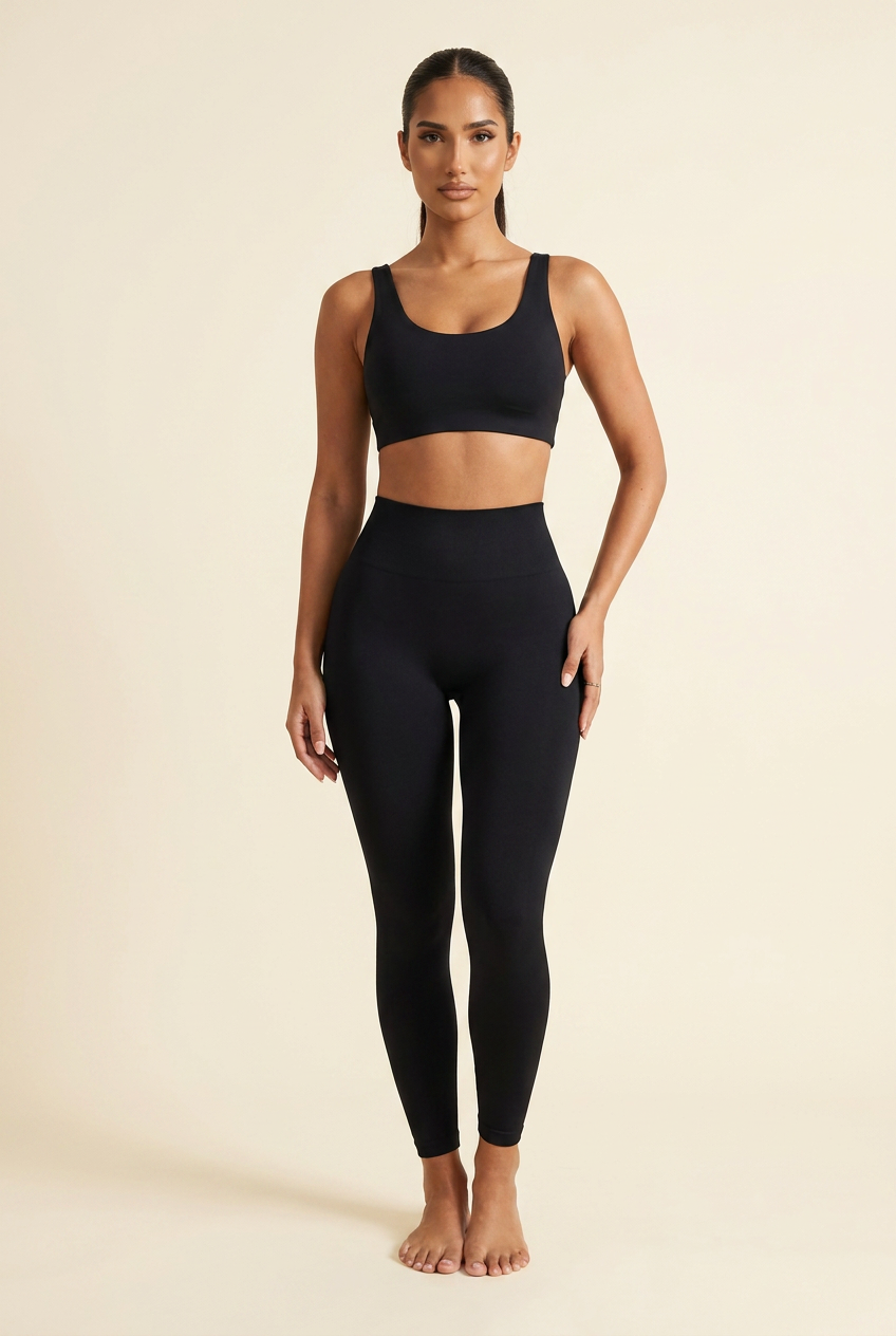 Kovelle sculpt seamless leggings in black, high waist and smooth seam-free front, front view on model