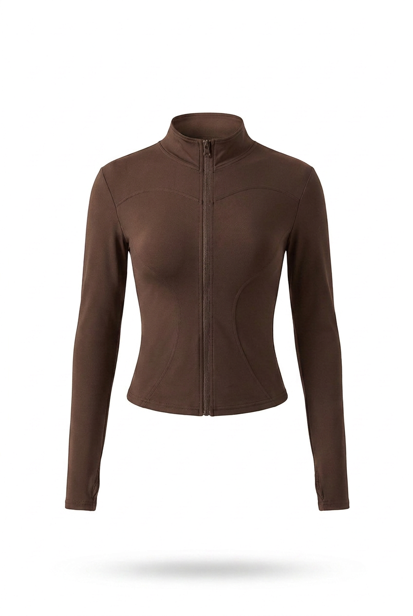 Kovelle zip through gym jacket in coffee, flat product view