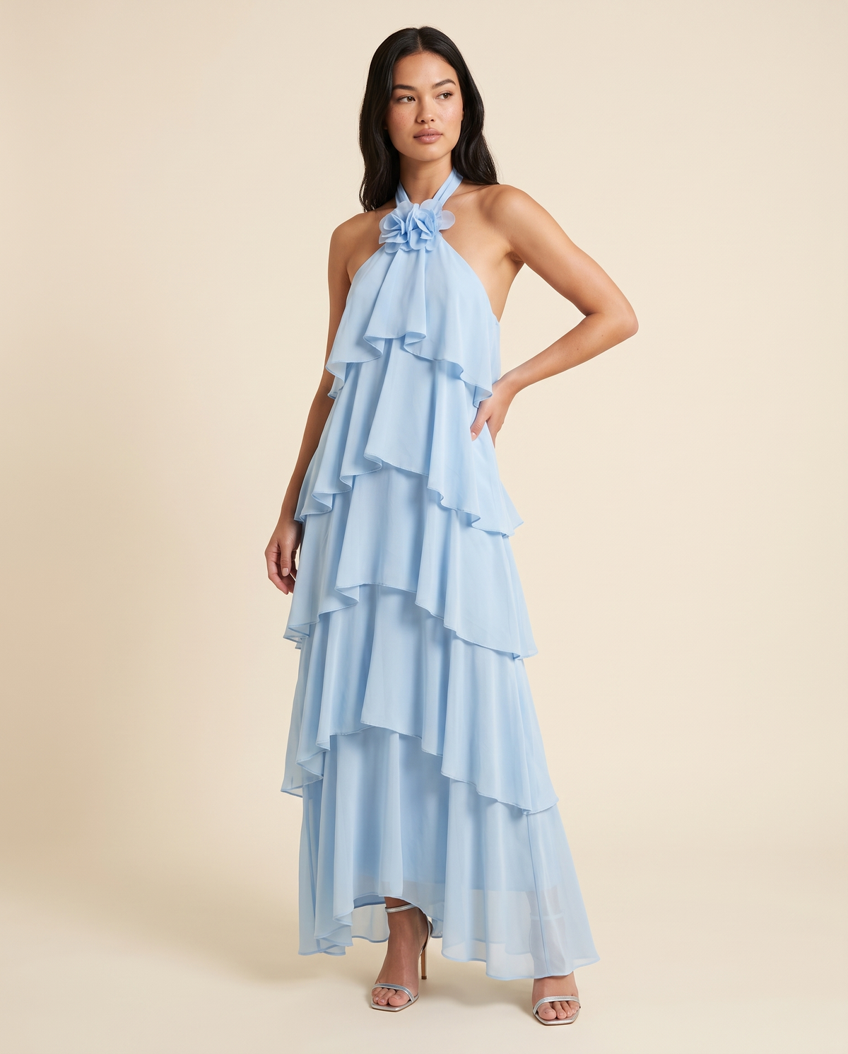 Kovelle blue chiffon maxi three quarter view showing ruffle tiers, on model