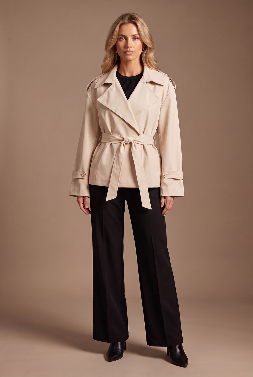 Kovelle cropped belted trench coat in stone, front view on model