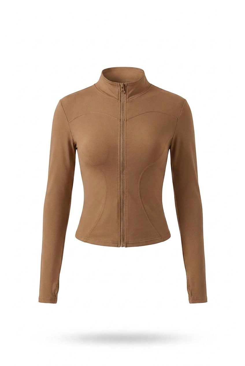 Kovelle zip through gym jacket in tawny, flat product view