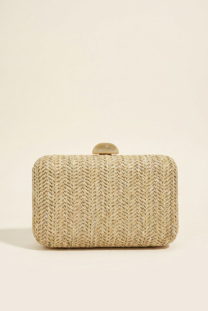 Natural woven straw box clutch, front