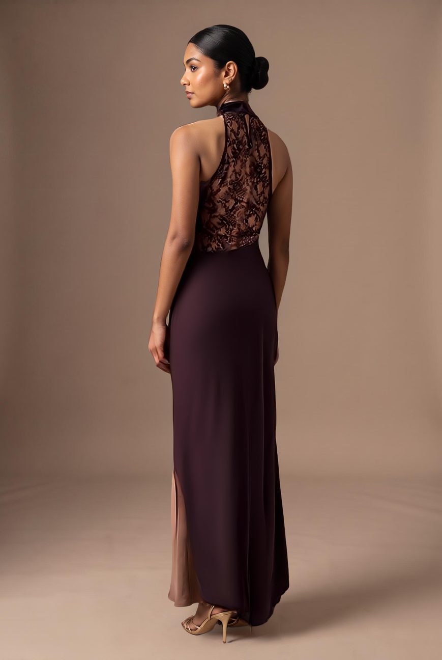 Mocha lace halter cowl maxi dress, lace back view