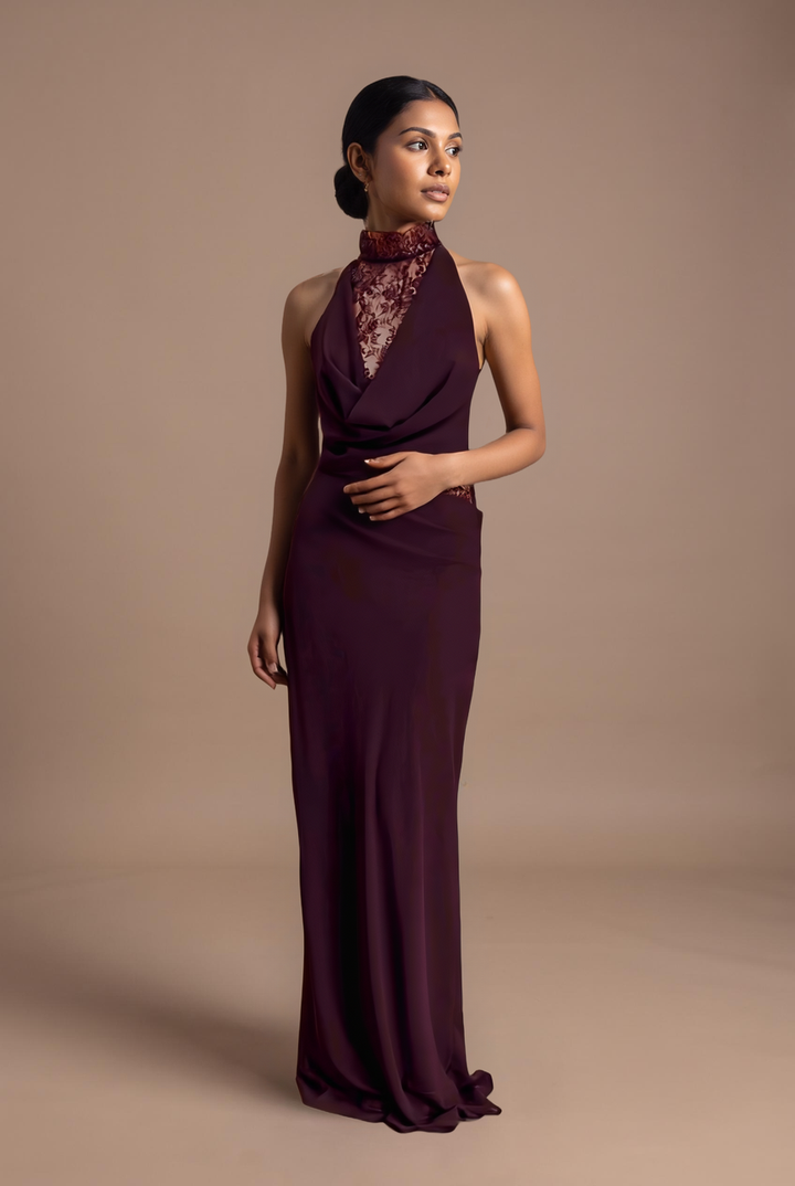 Mocha lace halter cowl maxi dress, cowl detail