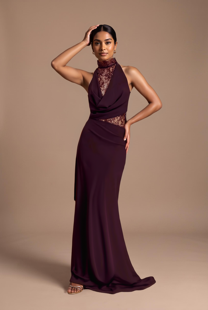 Mocha lace halter cowl maxi dress, full length