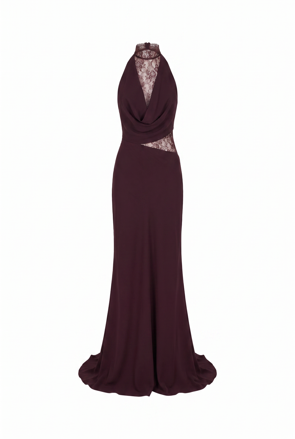 Mocha lace halter cowl maxi dress, product view