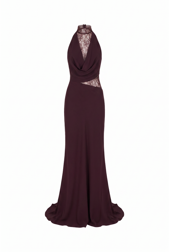 Mocha lace halter cowl maxi dress, product view