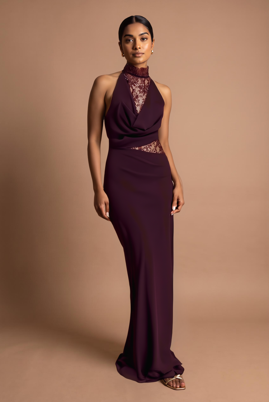 Mocha lace halter cowl maxi dress, front view