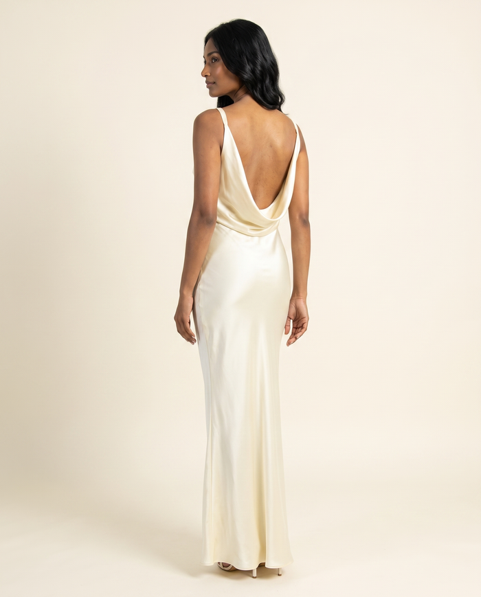 Kovelle ivory cowl maxi back view showing draped back, on model