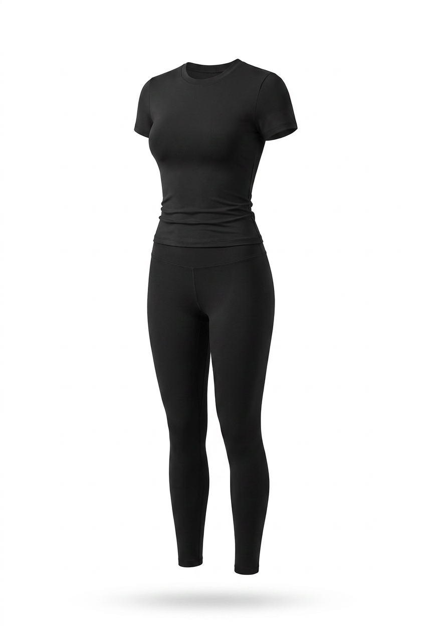 Kovelle round neck legging set in black, flat product view of the top and leggings