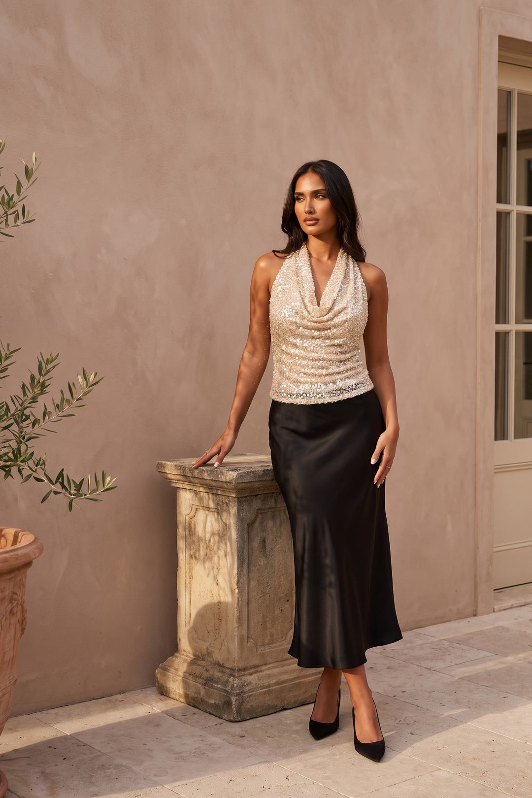 Champagne sequin cowl halter top