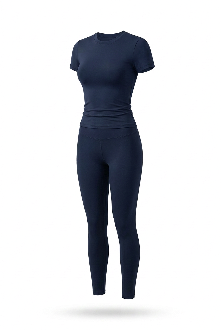 Kovelle round neck legging set in navy, flat product view