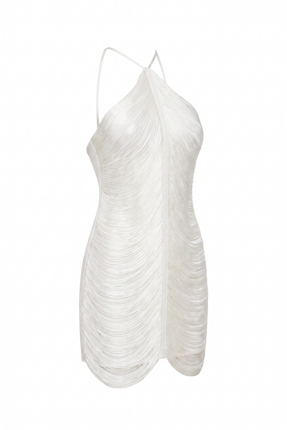 Ivory Pearl draped satin halter mini dress on a plain white background