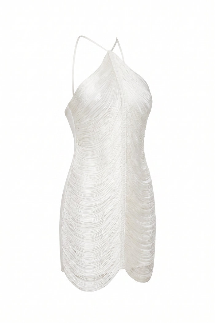 Ivory Pearl draped satin halter mini dress on a plain white background