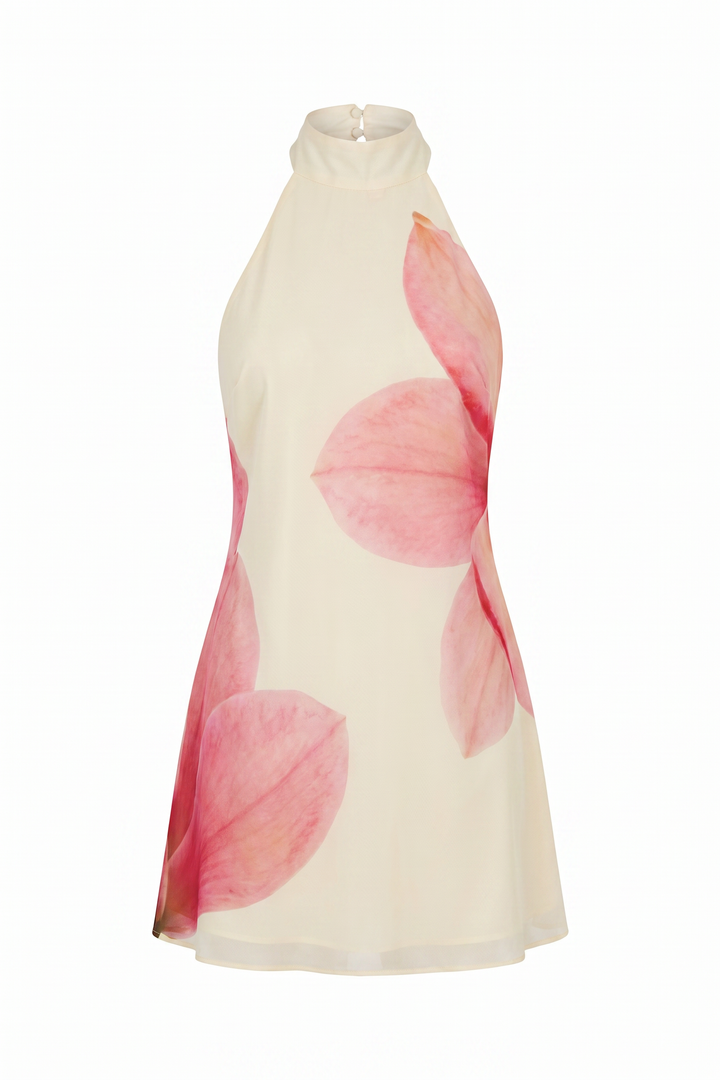 Petal print high neck mini dress on a plain white background