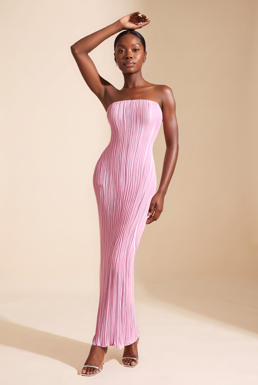 Baby Pink Pleated Strapless Maxi Dress