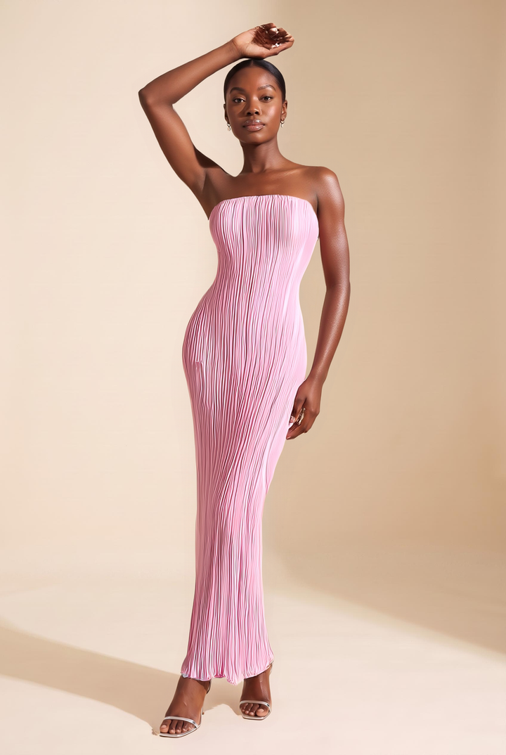 Baby pink pleated strapless maxi dress, full length