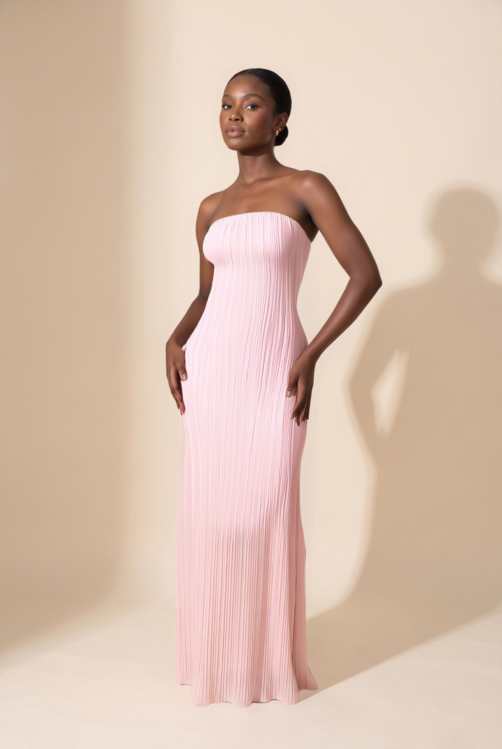 Baby pink pleated strapless maxi dress, detail