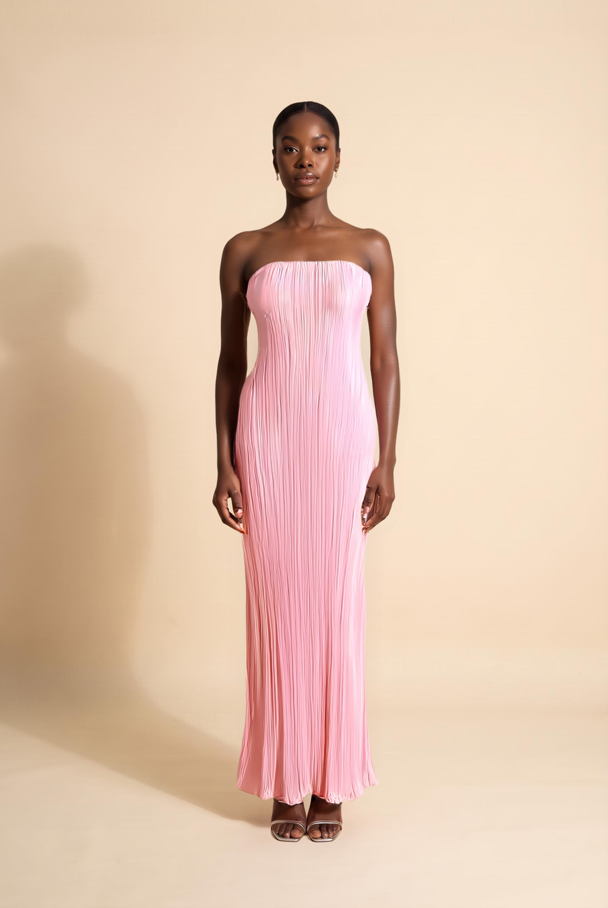 Baby pink pleated strapless maxi dress, front view