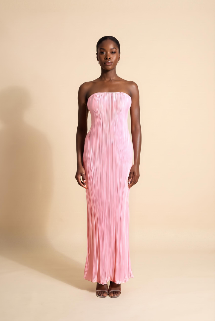 Baby pink pleated strapless maxi dress, front view