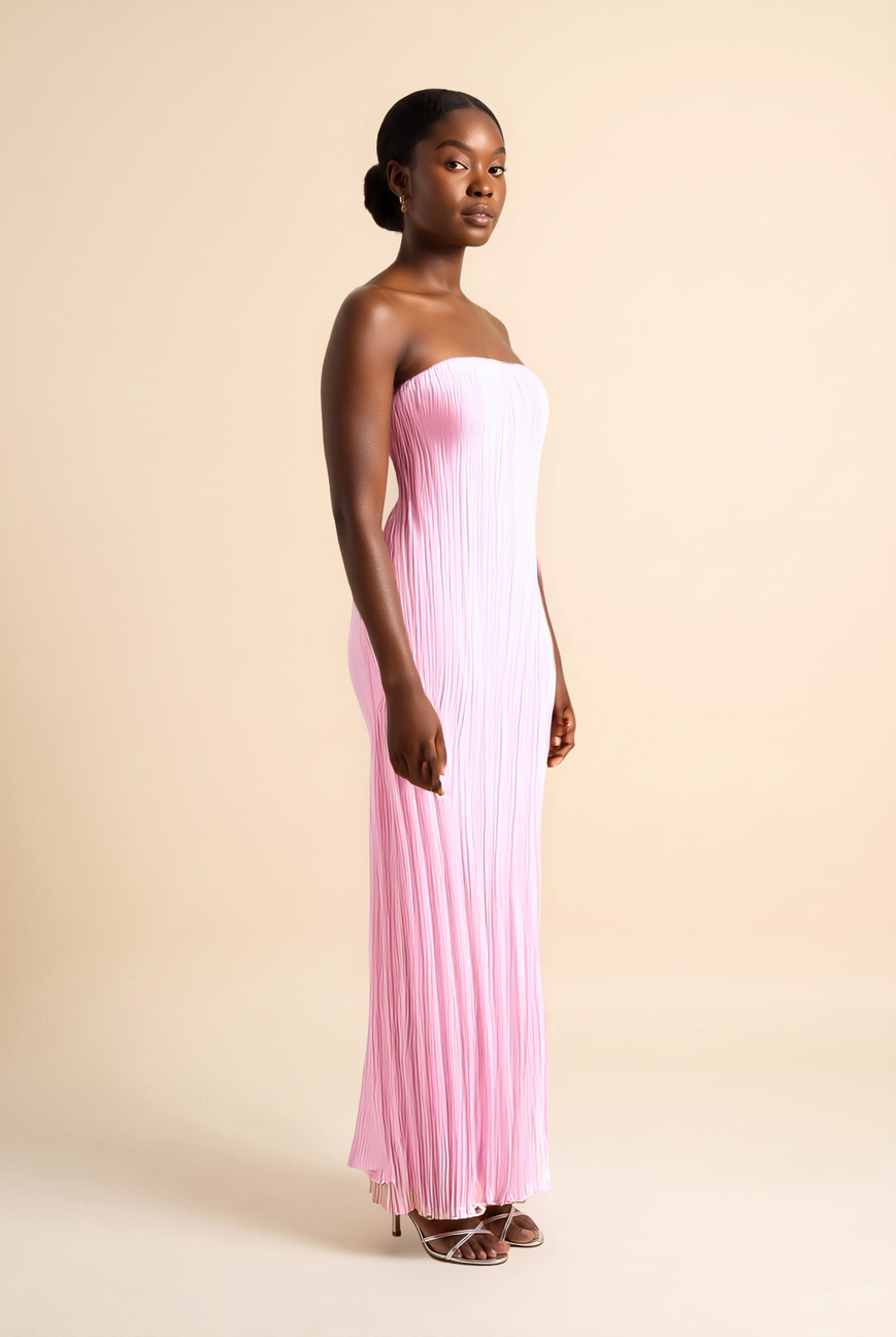 Baby pink pleated strapless maxi dress, side view
