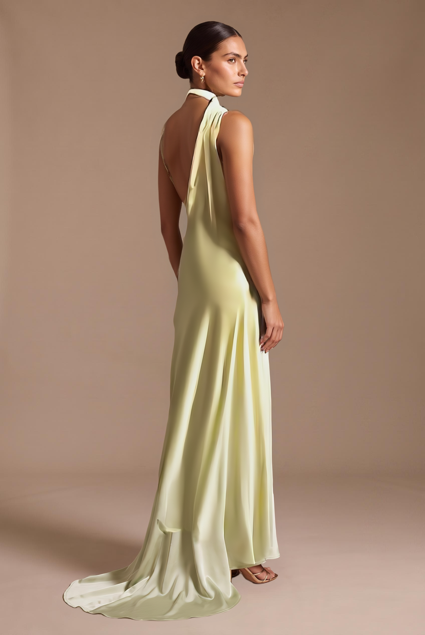 Pistachio Scarf Neck Satin Maxi Dress