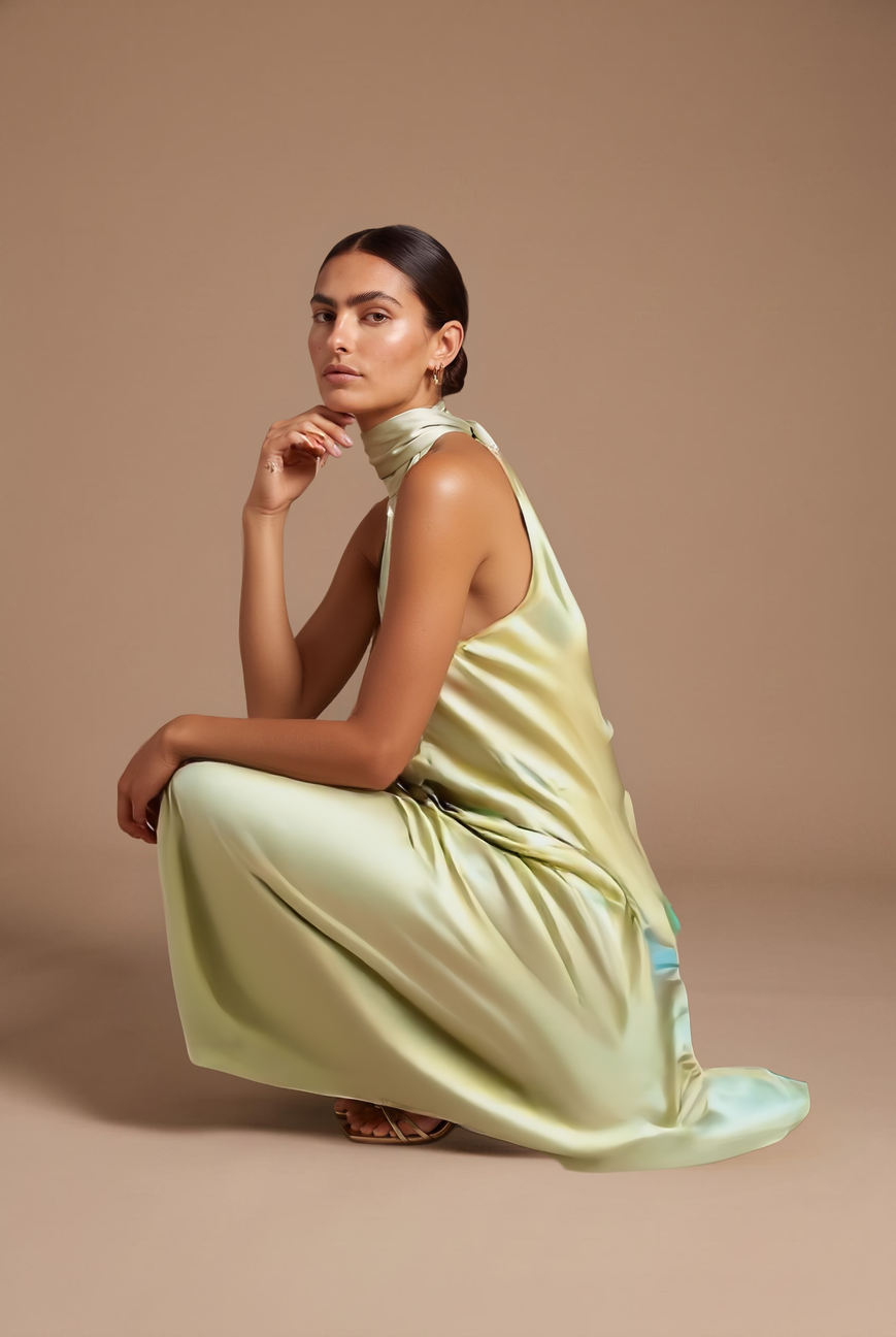Pistachio scarf neck satin maxi dress, full length