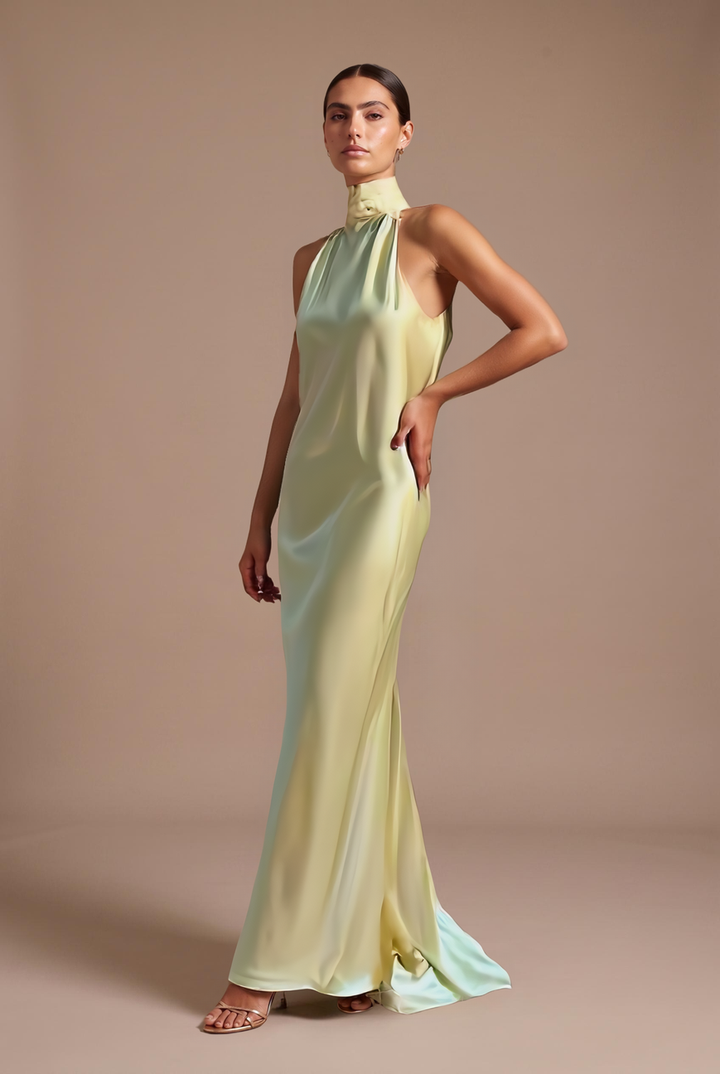 Pistachio scarf neck satin maxi dress, front view