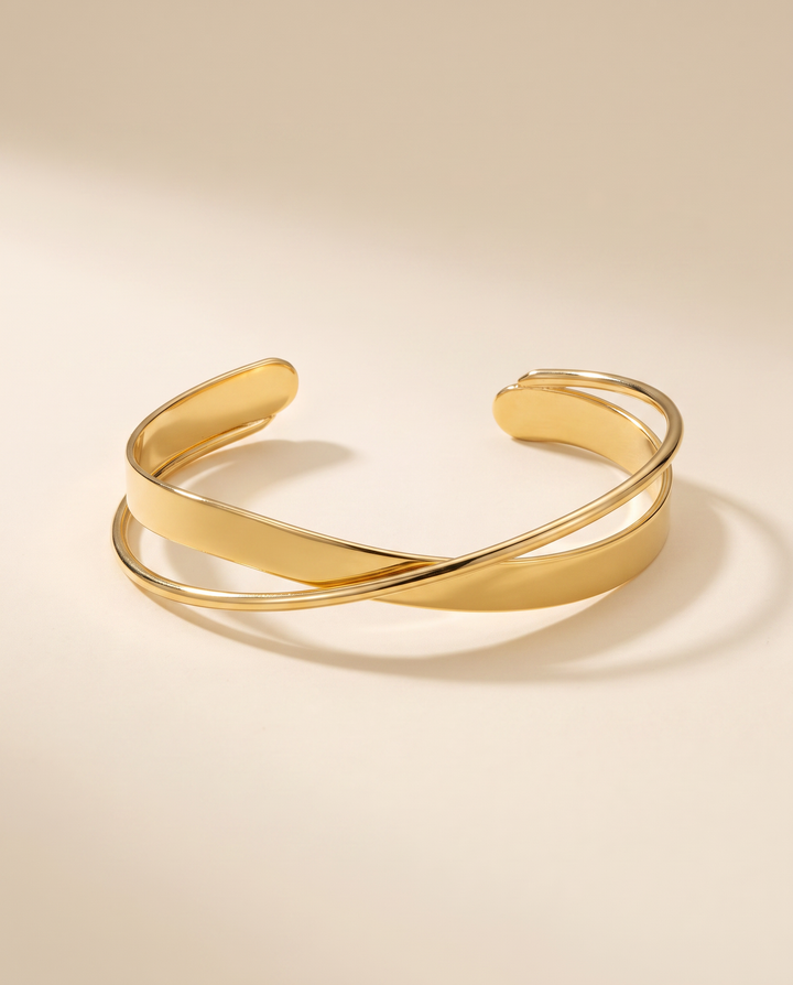 Gold cross-line open cuff bracelet, front
