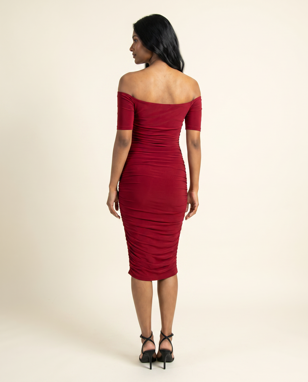 Kovelle red off shoulder midi back view, on model