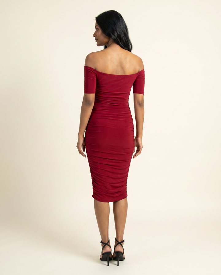 Kovelle red off shoulder midi back view, on model