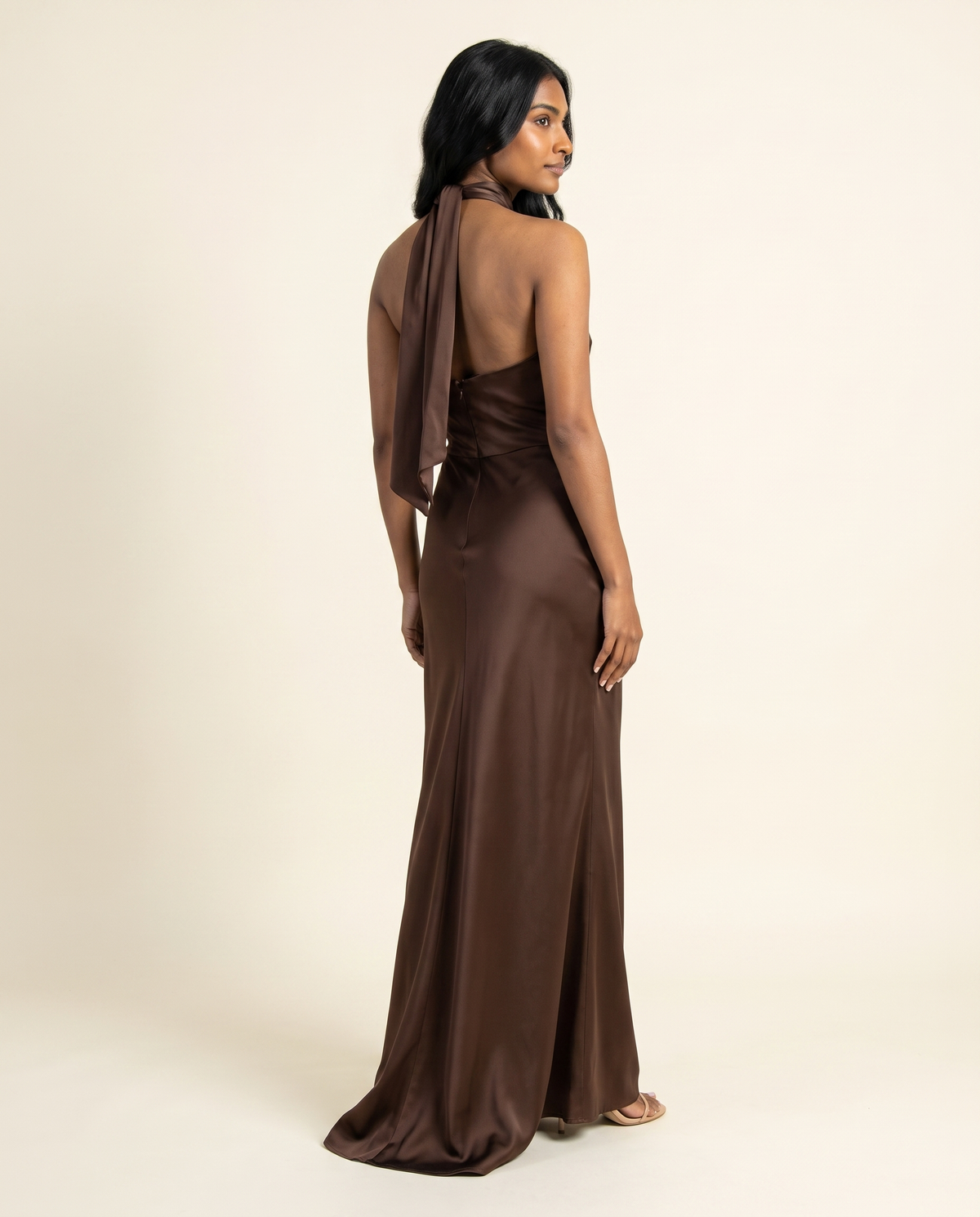 Kovelle chocolate satin maxi back view showing open back, on model