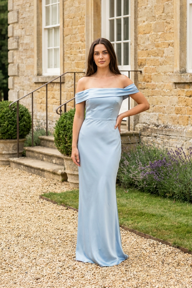 Quiet luxe off shoulder maxi powder blue