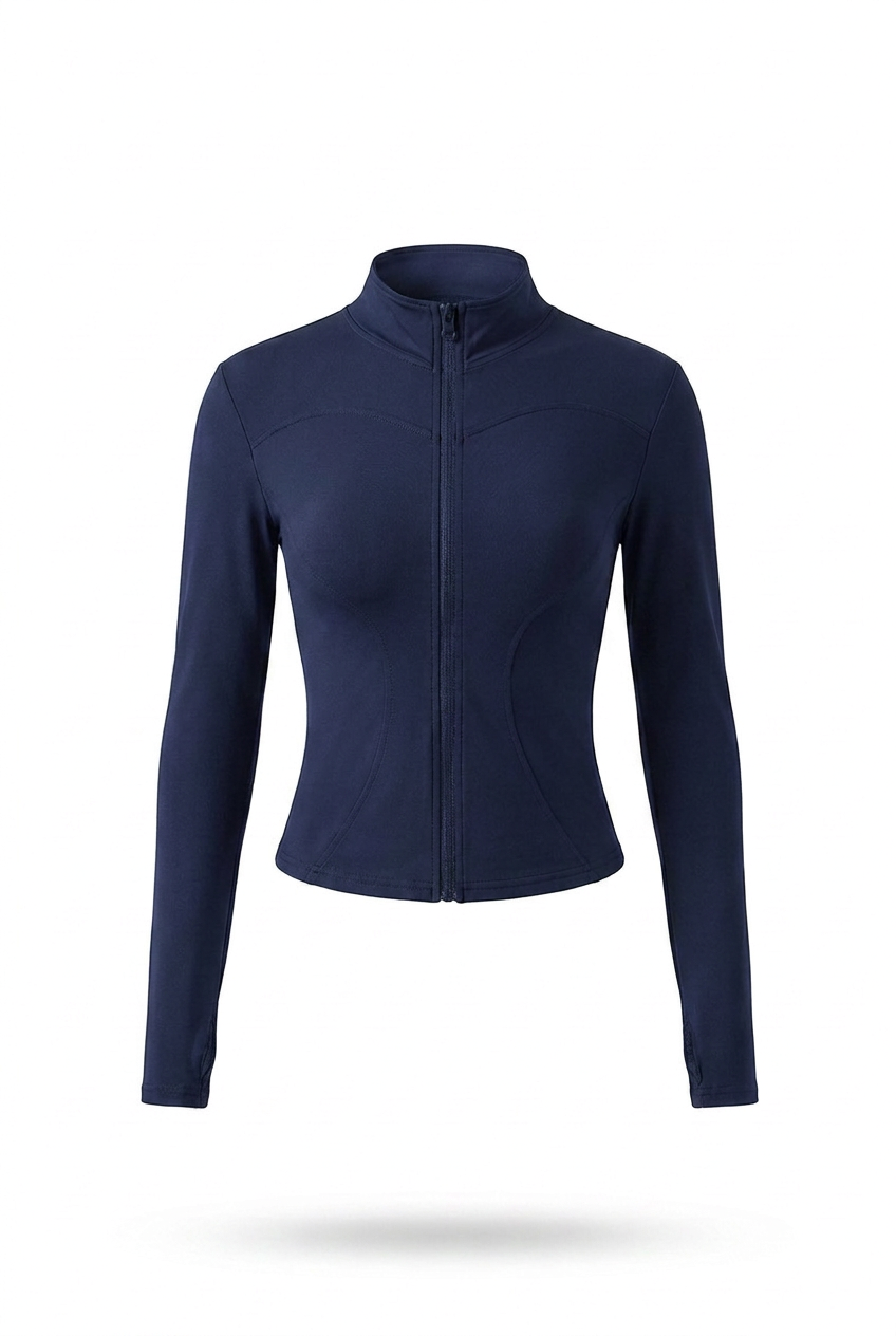 Kovelle zip through gym jacket in navy, flat product view