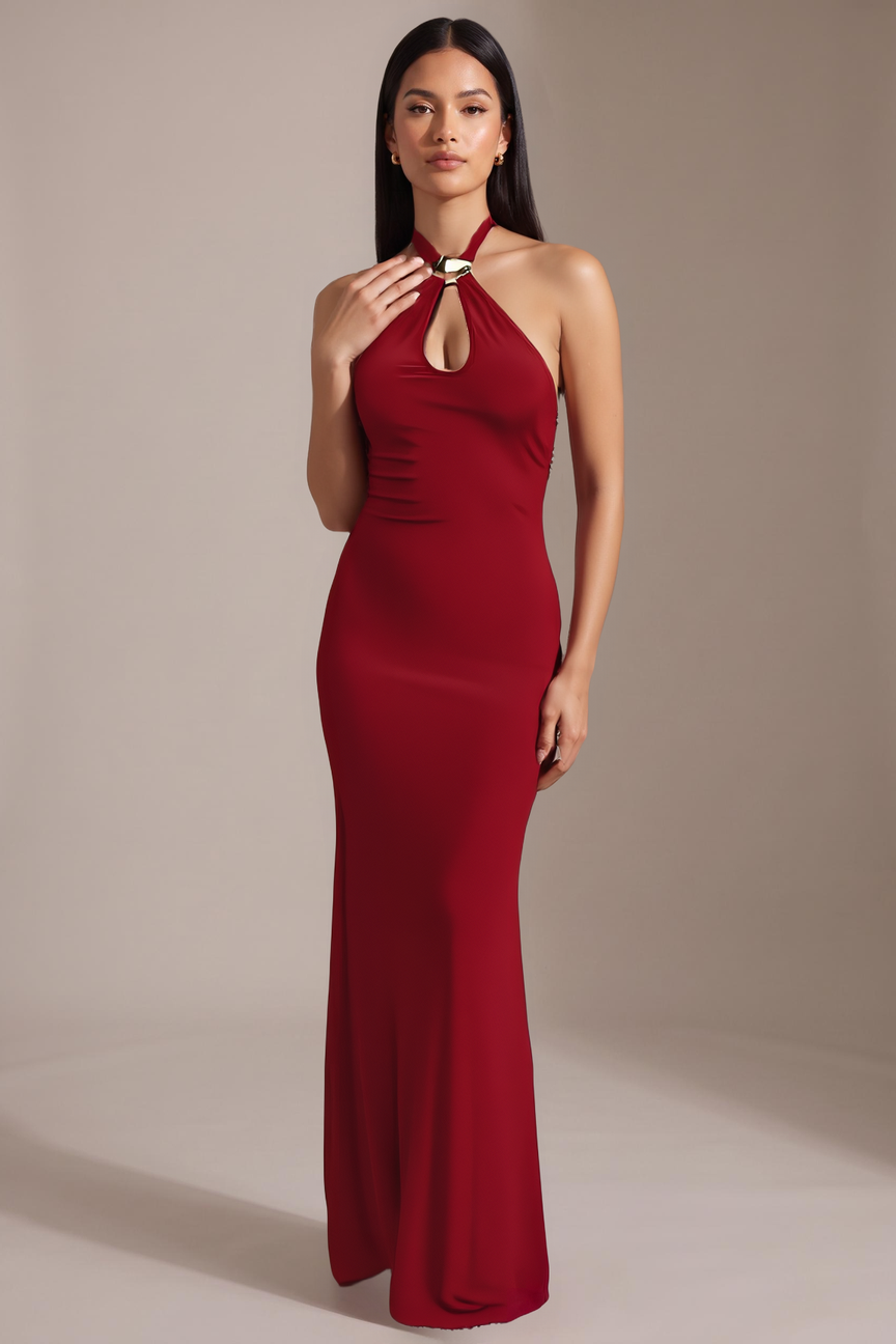 The halter straps and teardrop keyhole detail on the red maxi dress