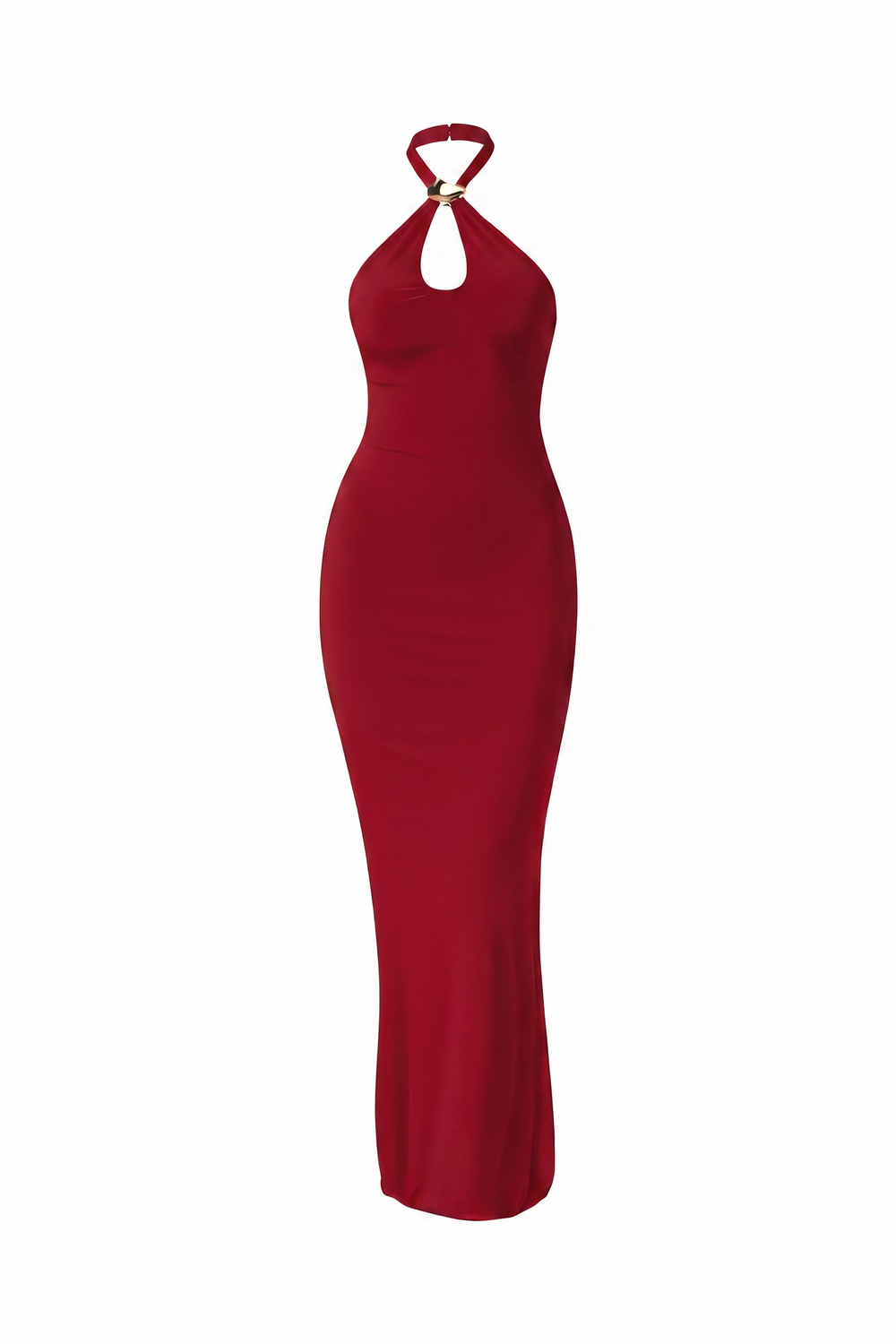 Red halter keyhole maxi dress on a plain white background
