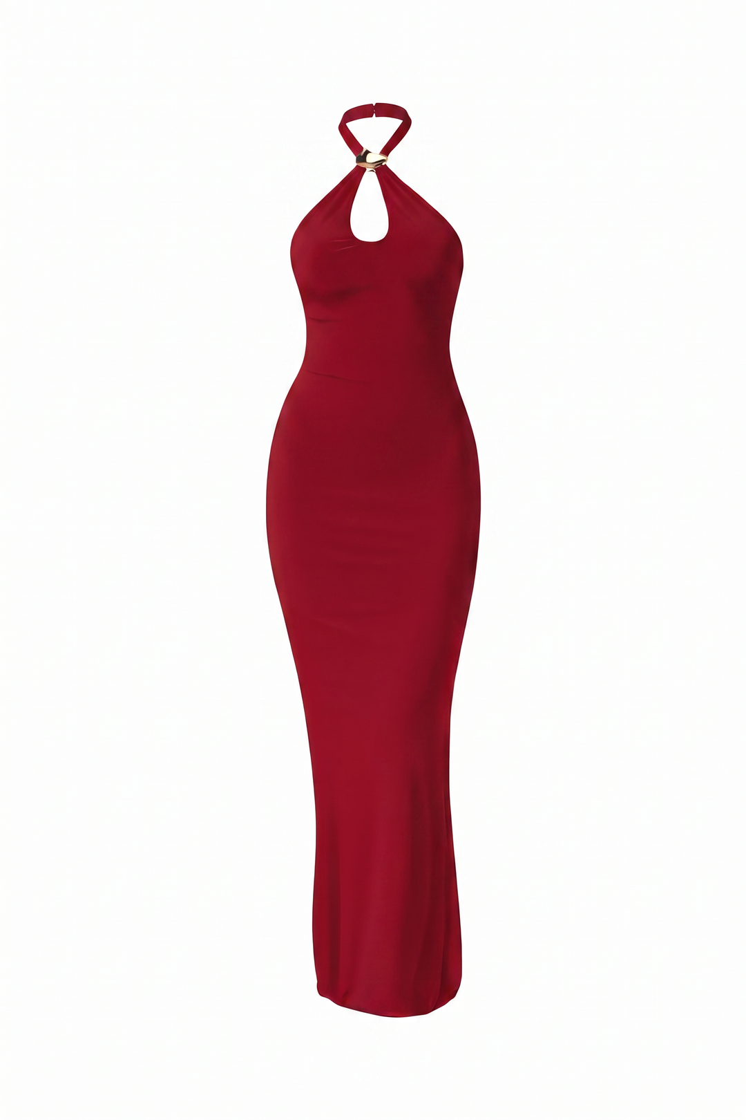 Red halter keyhole maxi dress on a plain white background