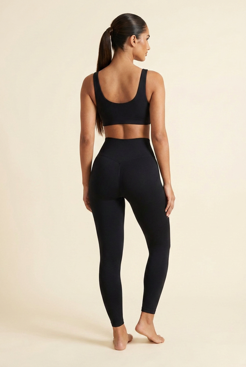 Kovelle sculpt seamless leggings in black, contoured back seam shaping through the seat, back view on model