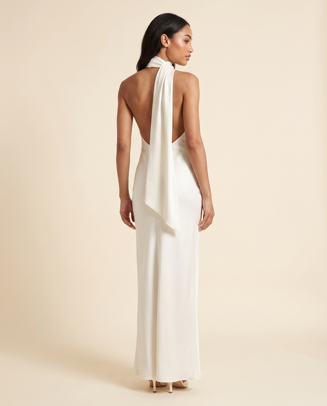 Kovelle ivory scarf halter maxi back view showing open back, on model