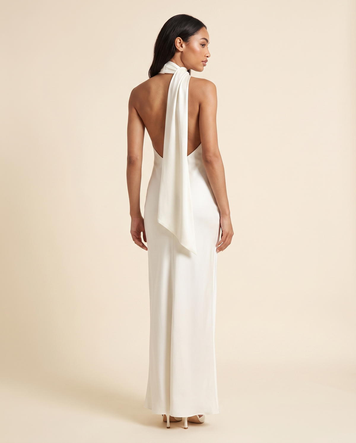 Kovelle ivory scarf halter maxi back view showing open back, on model