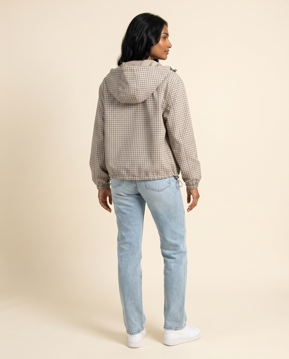 Kovelle check hooded jacket back view showing hood, on model