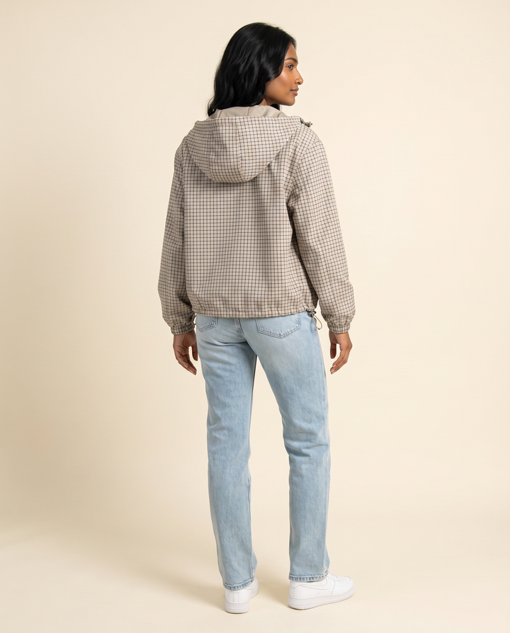 Kovelle check hooded jacket back view showing hood, on model