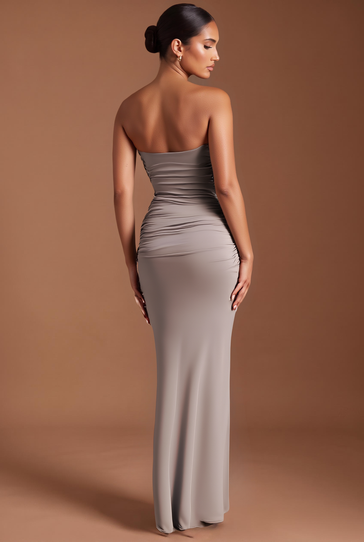 Taupe twist front strapless maxi dress, back view